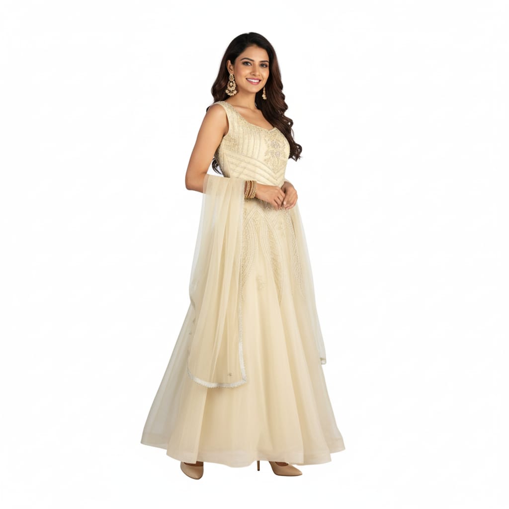 Silakaari Light Green Net Evening Gown with Pearls Sequins Diamond Embroidery