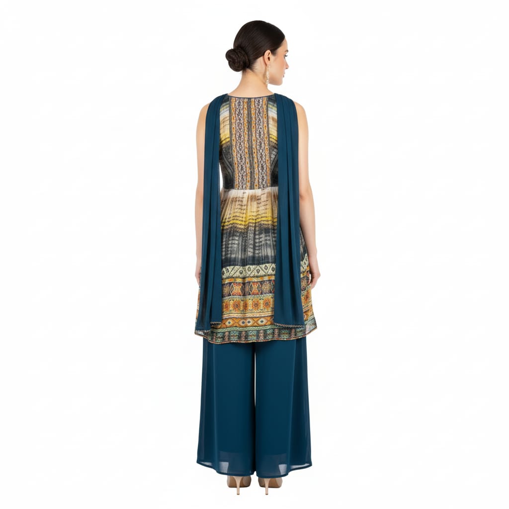 Silakaari Shehnaaz Teal Blue Mirror Front Panel Chinon Garara Set With Dupatta