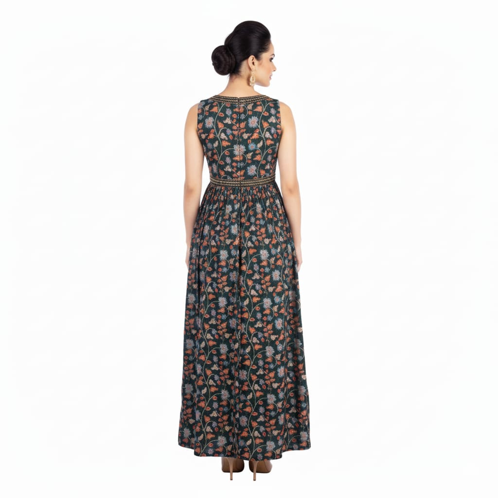 Silakaari Soul Dark Green Floral Printed Ethnic Gown