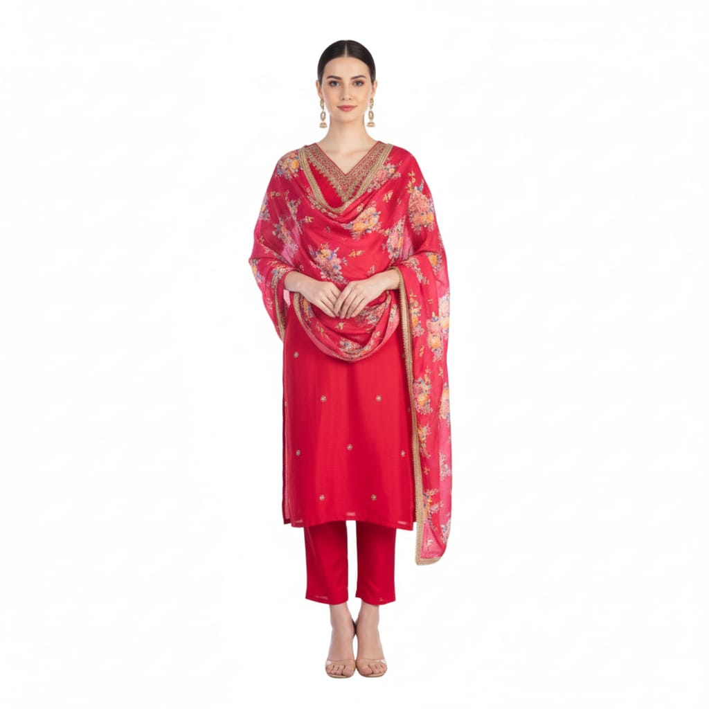 Silakaari Pure Heavy Hand Work V-Neckline Kurti Pant Dupatta Set