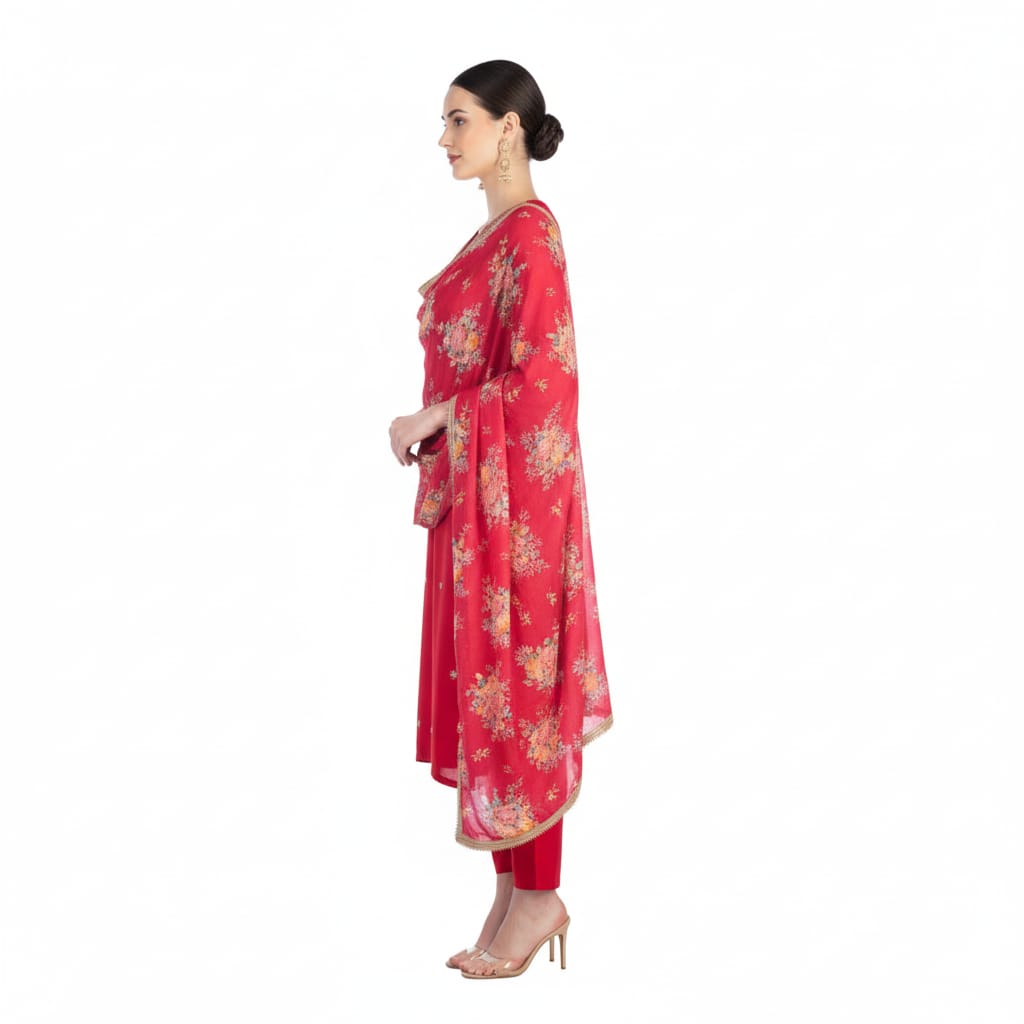 Silakaari Pure Heavy Hand Work V-Neckline Kurti Pant Dupatta Set