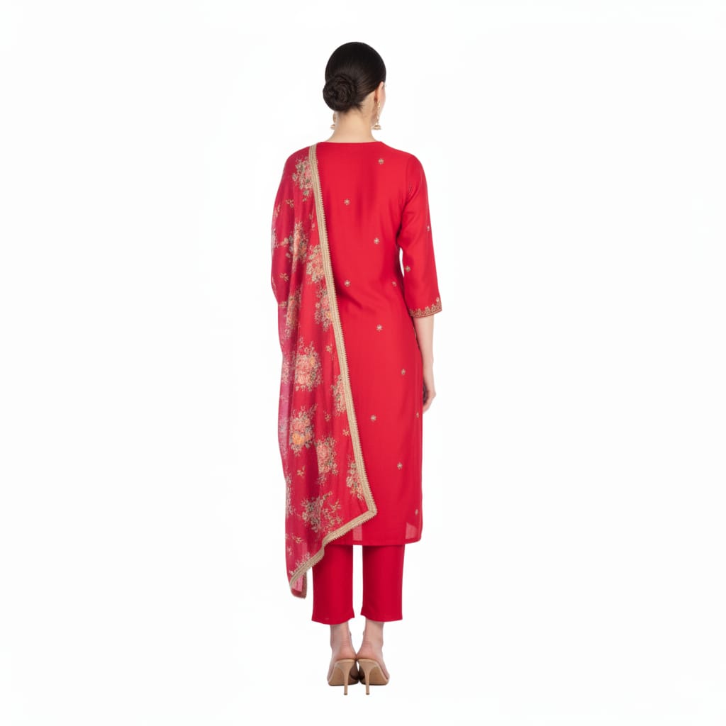 Silakaari Pure Heavy Hand Work V-Neckline Kurti Pant Dupatta Set