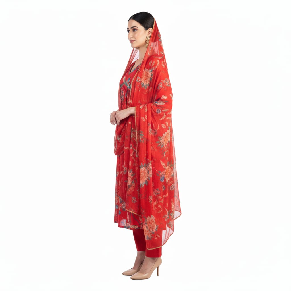 Silakaari Carrot Alia Style Pure Chinon Hand-work Kurti Set with Dupatta