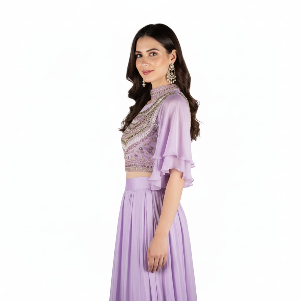 Silakaari Light Purle Fancy Pure Pearl Work Heavy Chiffon Lehenga Sharara set