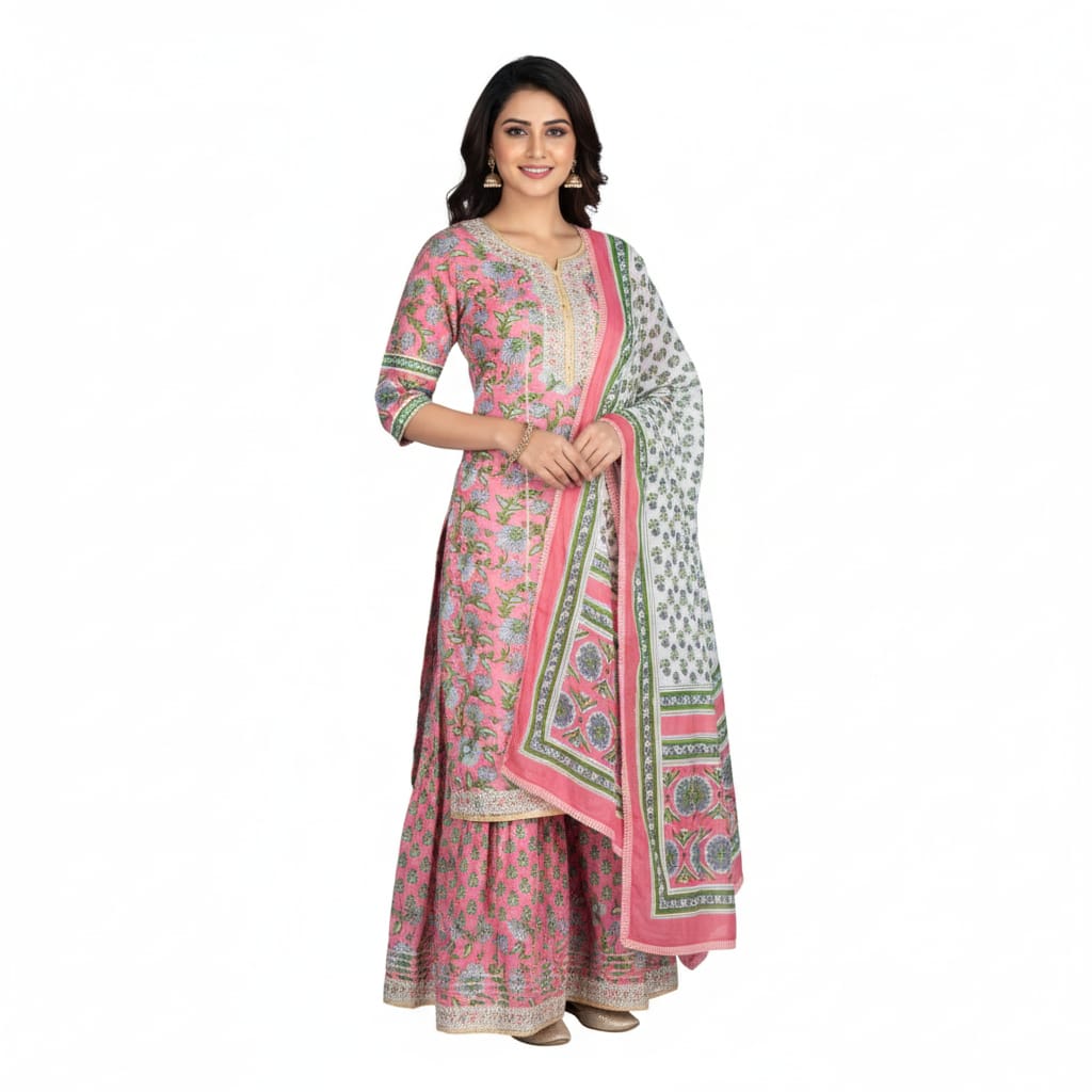 Silakaari Pink Dutch Floral Cotton Gota patti Hand block Short Kurti with Sharara Set