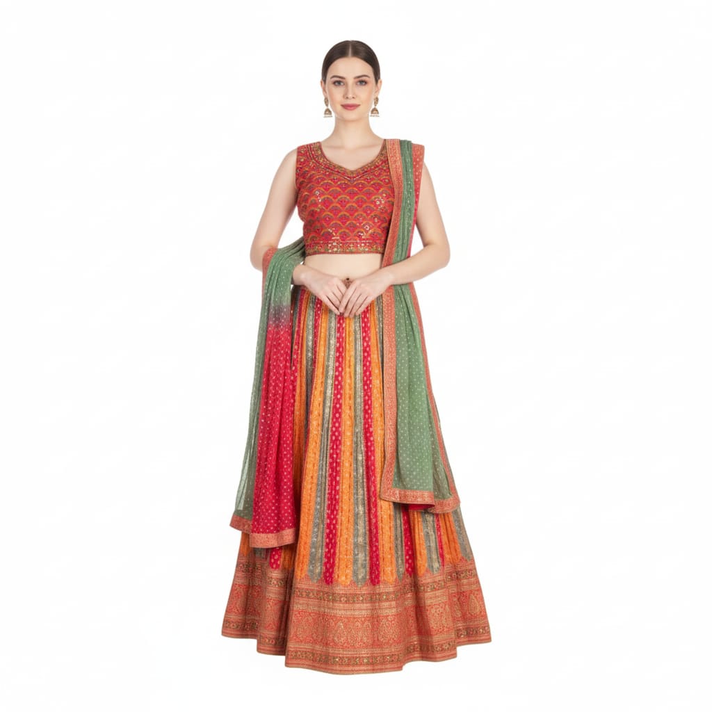Silakaari Fancy Jaipuri Bandhani Silk Party Wear Lehenga Sharara set