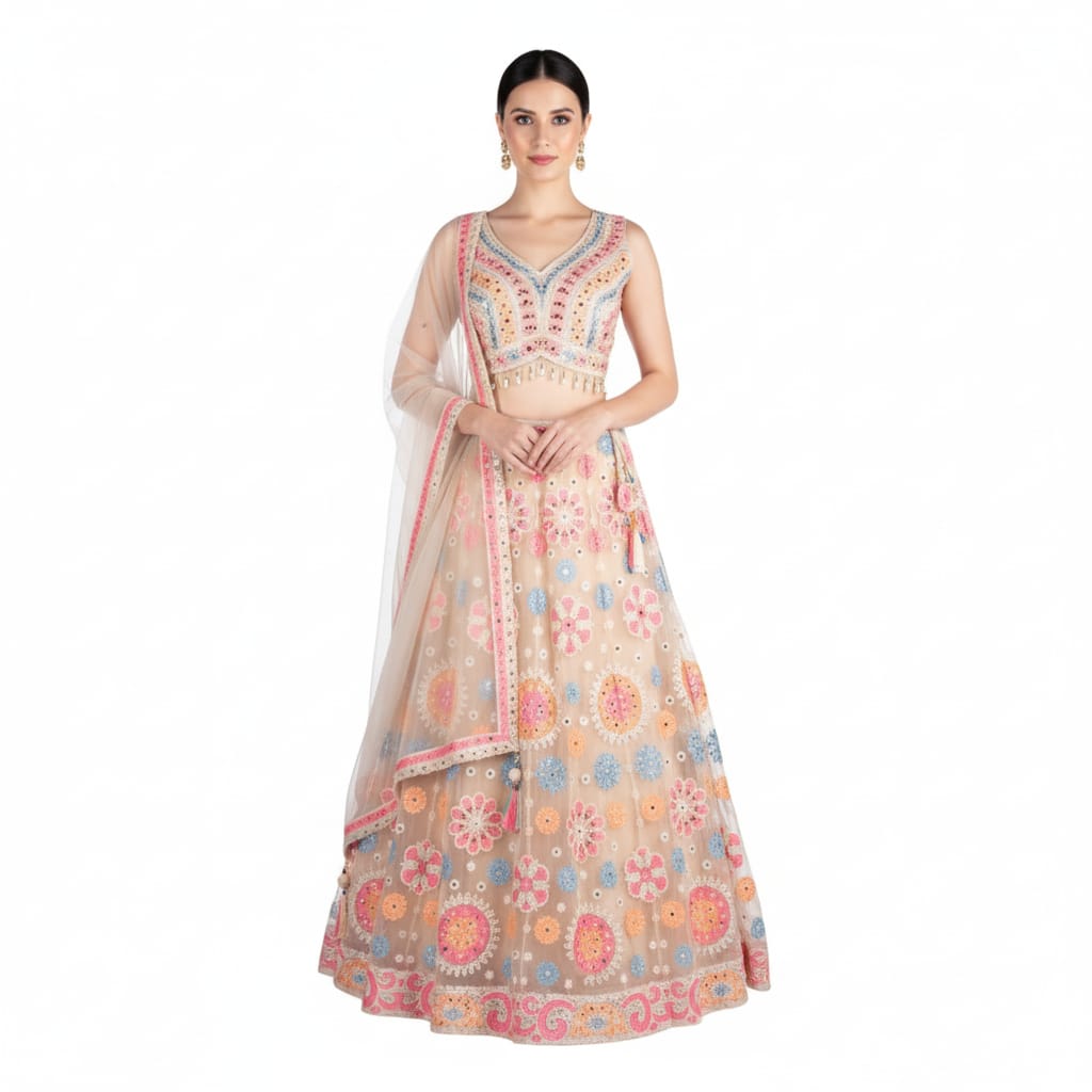 Silakaari Beige Pure Net Heavy Embroidery Mirror Thread Work Unstitched Lehenga Sharara Set