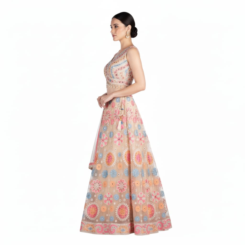 Silakaari Beige Pure Net Heavy Embroidery Mirror Thread Work Unstitched Lehenga Sharara Set