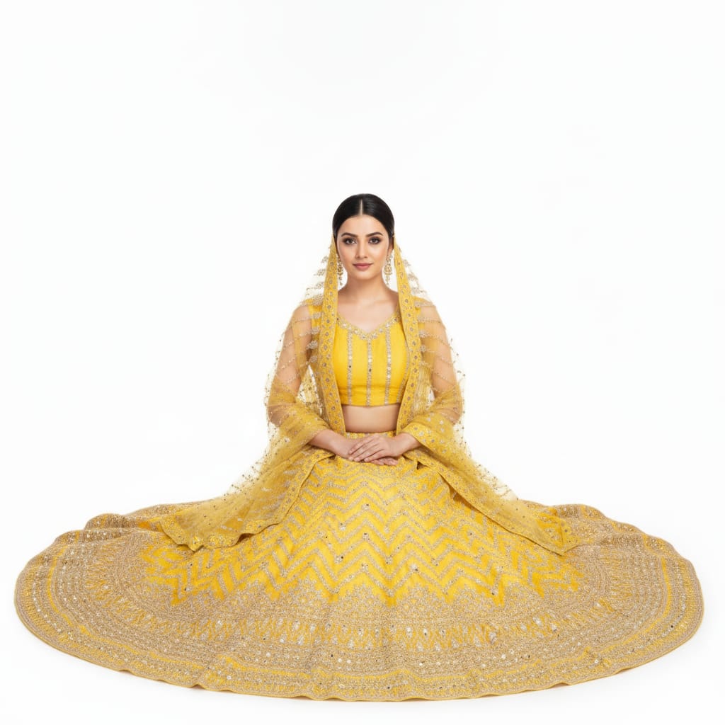 Silakaari Haldi Sun Yellow Zari Dimond Thread Work Net Party Wear Unstitched Lehenga Set