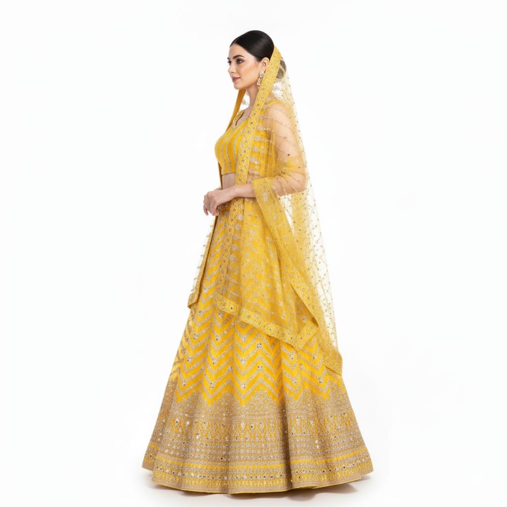 Silakaari Haldi Sun Yellow Zari Dimond Thread Work Net Party Wear Unstitched Lehenga Set