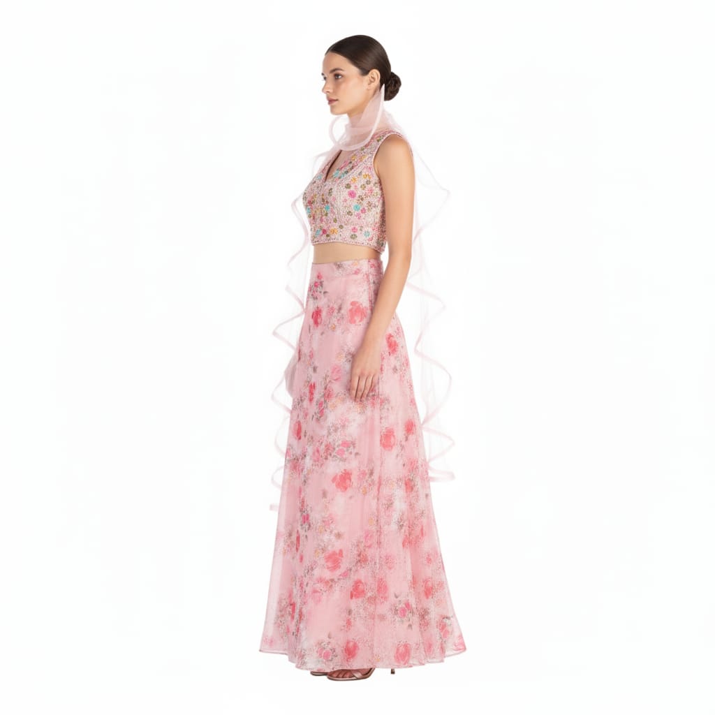 Silakaari Pink Organza Rose Floral Party Wear Lehenga Sharara set