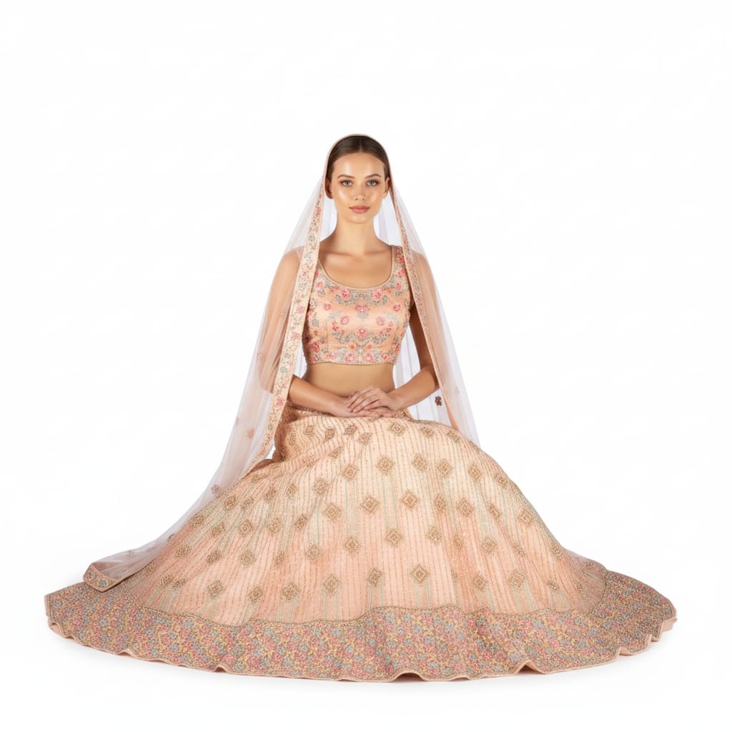 Silakaari Maghroor Peach Multi-Color Pure Net Zari Dimond Party Wear Unstitched Lehenga Set