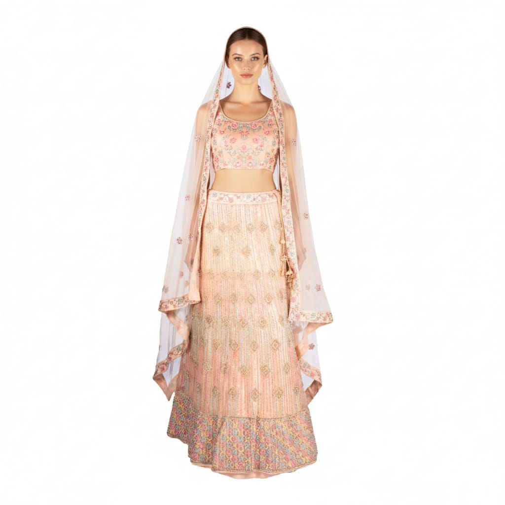 Silakaari Maghroor Peach Multi-Color Pure Net Zari Dimond Party Wear Unstitched Lehenga Set