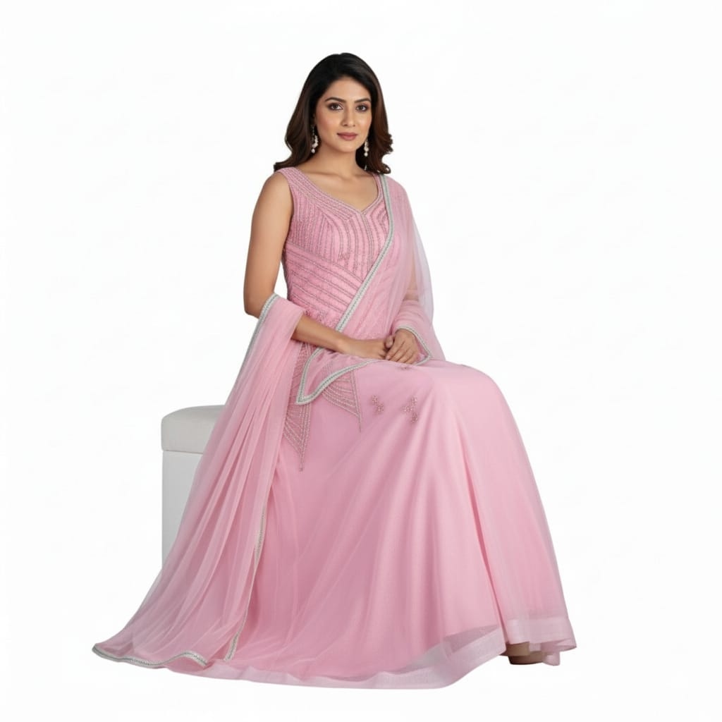 Silakaari Dusty Pink Party Wear Pearl Sequins Diamond Bridal Ball Gown