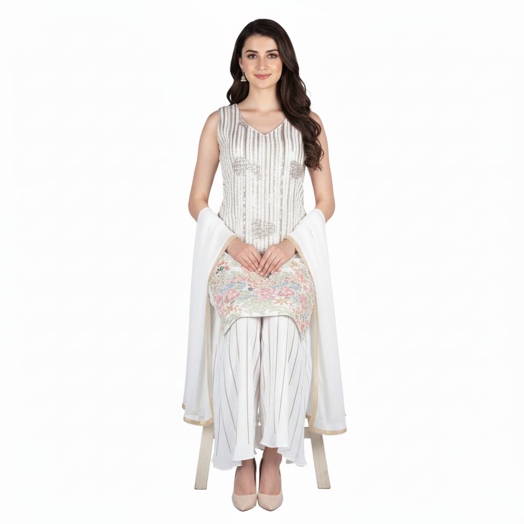 Silakaari Pure Cream Gold Sequin Hand-Work Party Wear Crepe Fancy Kurti Palazzo Set