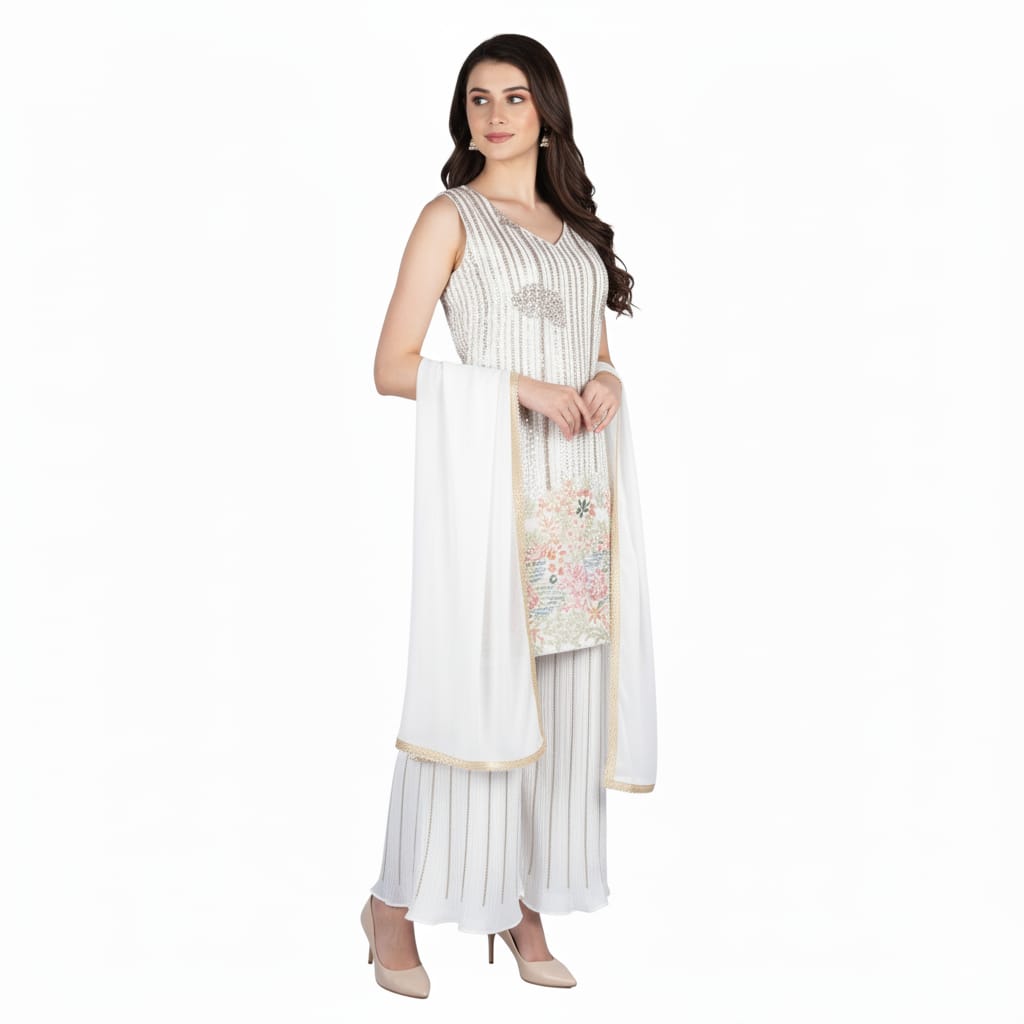 Silakaari Pure Cream Gold Sequin Hand-Work Party Wear Crepe Fancy Kurti Palazzo Set