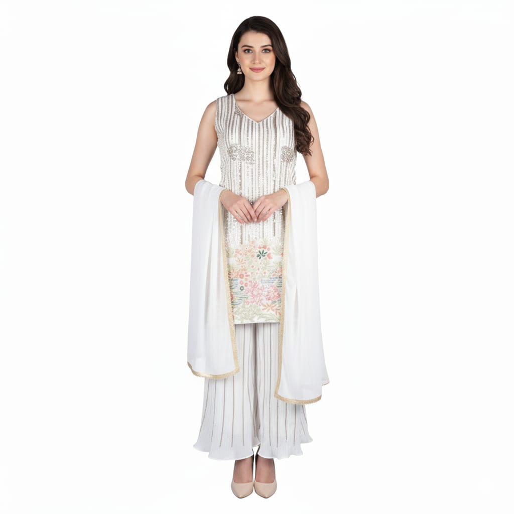 Silakaari Pure Cream Gold Sequin Hand-Work Party Wear Crepe Fancy Kurti Palazzo Set
