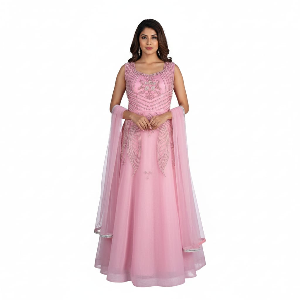 Silakaari Dusty Pink Party Wear Pearl Sequins Diamond Bridal Ball Gown