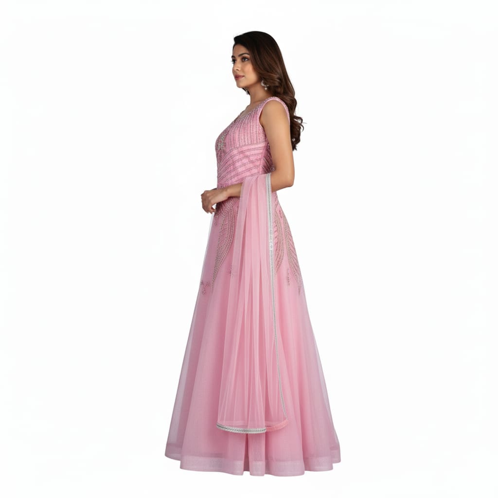 Silakaari Dusty Pink Party Wear Pearl Sequins Diamond Bridal Ball Gown