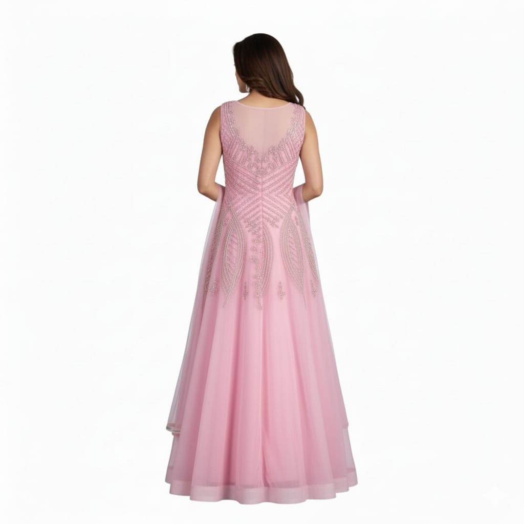 Silakaari Dusty Pink Party Wear Pearl Sequins Diamond Bridal Ball Gown
