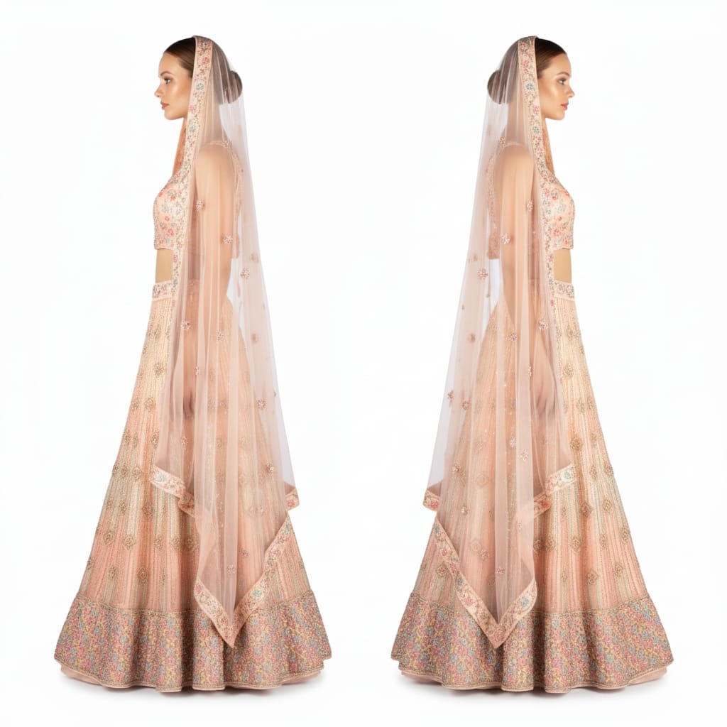 Silakaari Maghroor Peach Multi-Color Pure Net Zari Dimond Party Wear Unstitched Lehenga Set