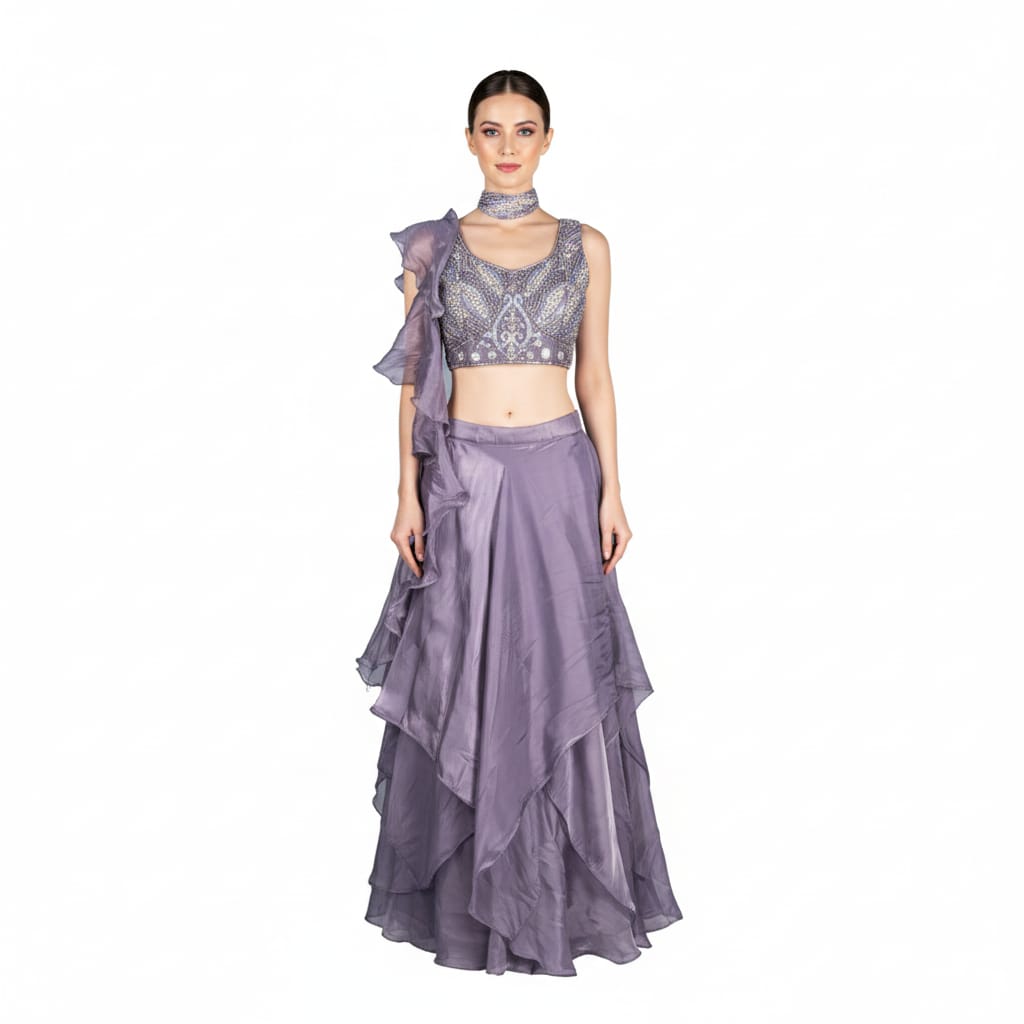 Silakaari Pearl Dimond Feminine Organza Lalick Dimond Lehenga Sharara Set