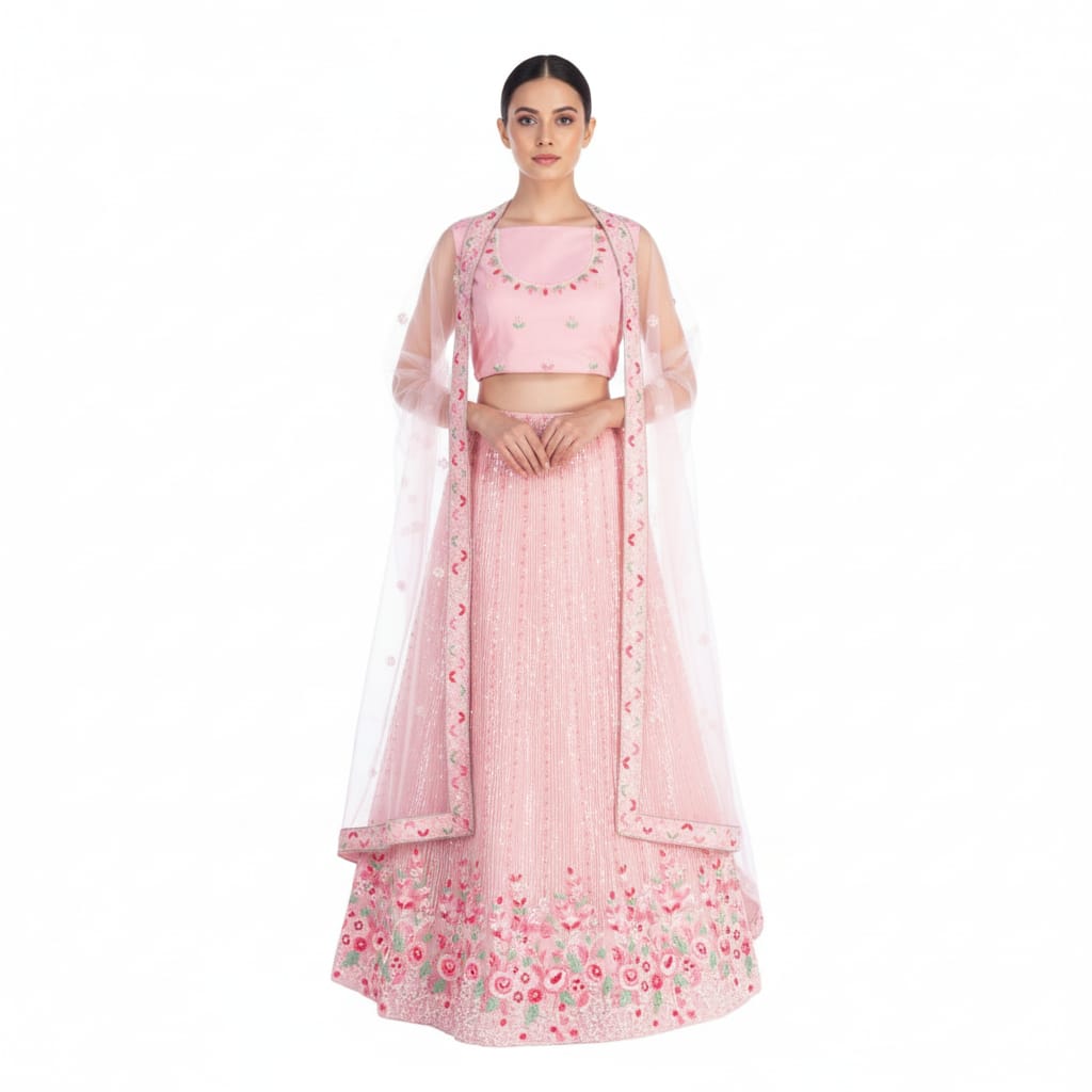 Silakaari Pink Pure Sequin Fancy Heavy Embroidery Unstitched Lehenga Sharara Set