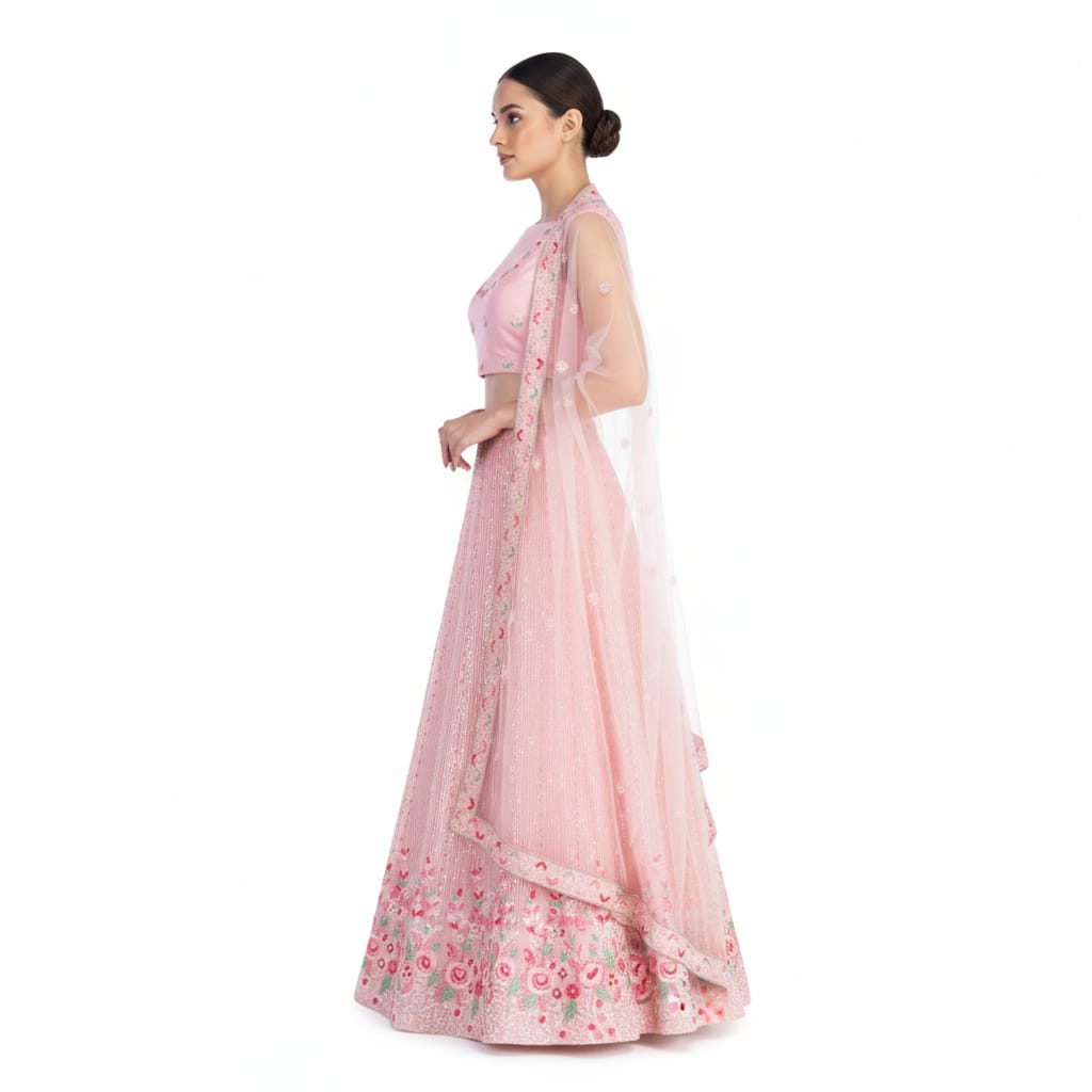 Silakaari Pink Pure Sequin Fancy Heavy Embroidery Unstitched Lehenga Sharara Set