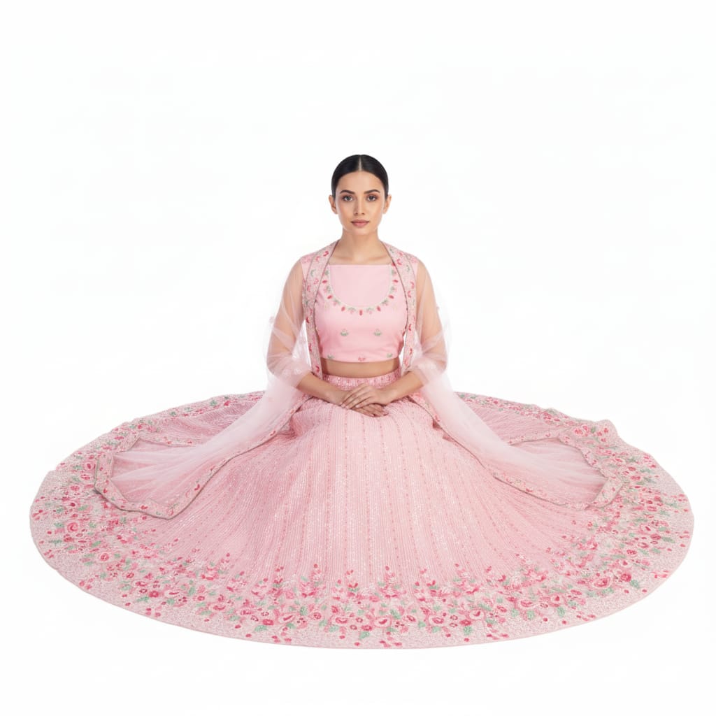 Silakaari Pink Pure Sequin Fancy Heavy Embroidery Unstitched Lehenga Sharara Set