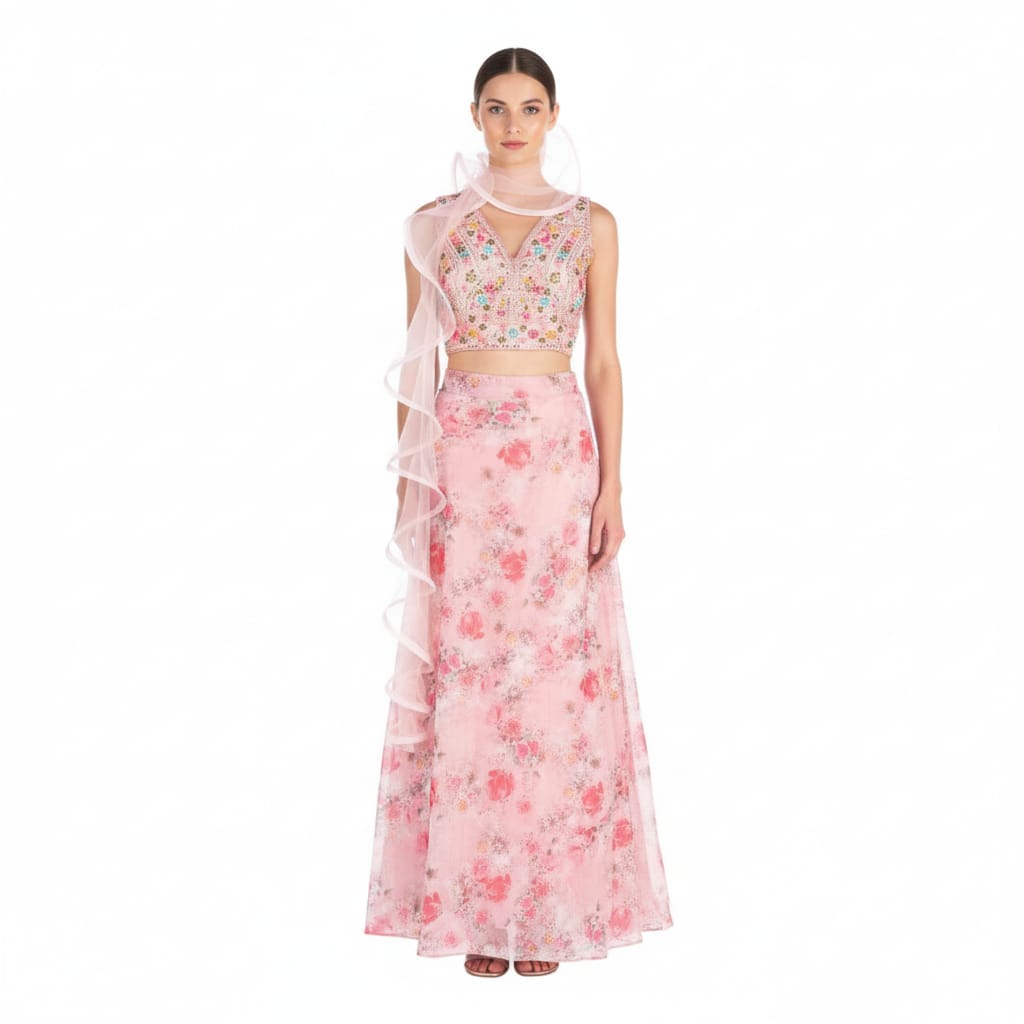 Silakaari Pink Organza Rose Floral Party Wear Lehenga Sharara set