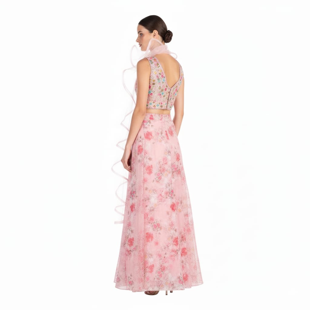 Silakaari Pink Organza Rose Floral Party Wear Lehenga Sharara set