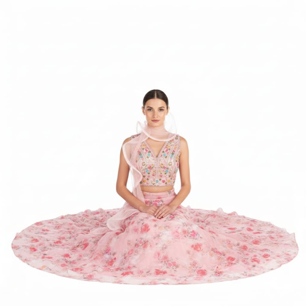 Silakaari Pink Organza Rose Floral Party Wear Lehenga Sharara set