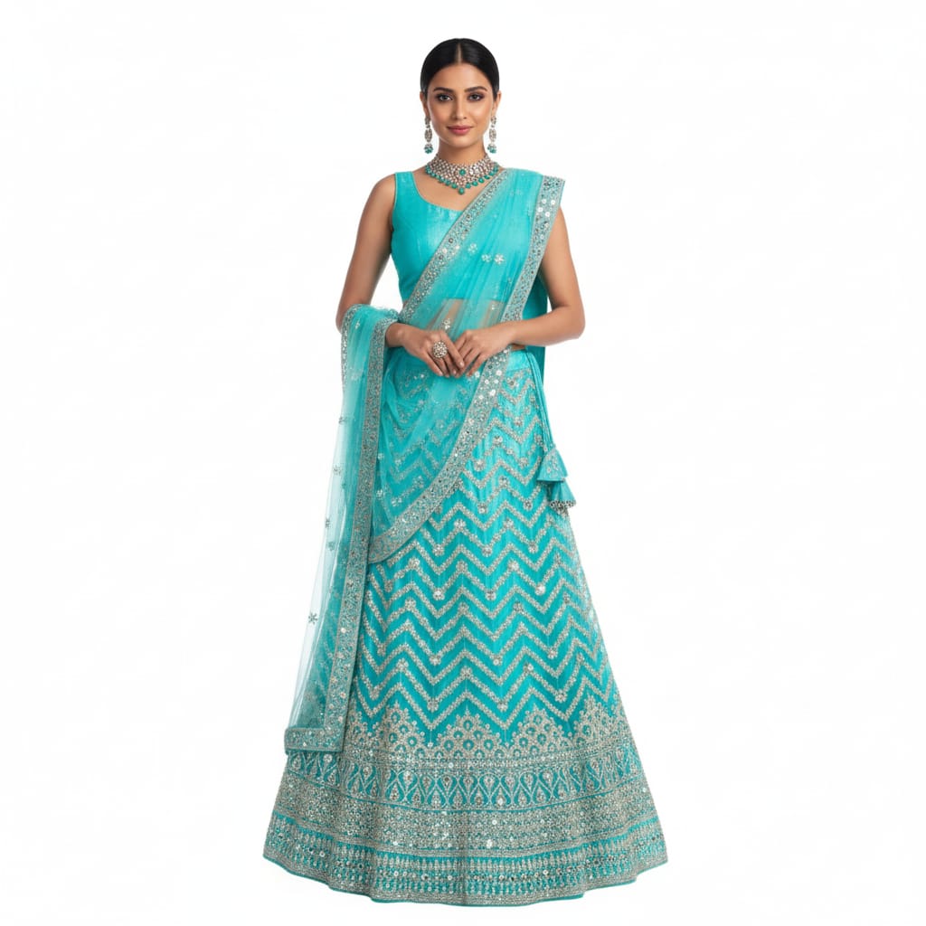 Silakaari Ferozi Zari Dimond Thread Work Net Party Wear Unstitched Lehenga Set