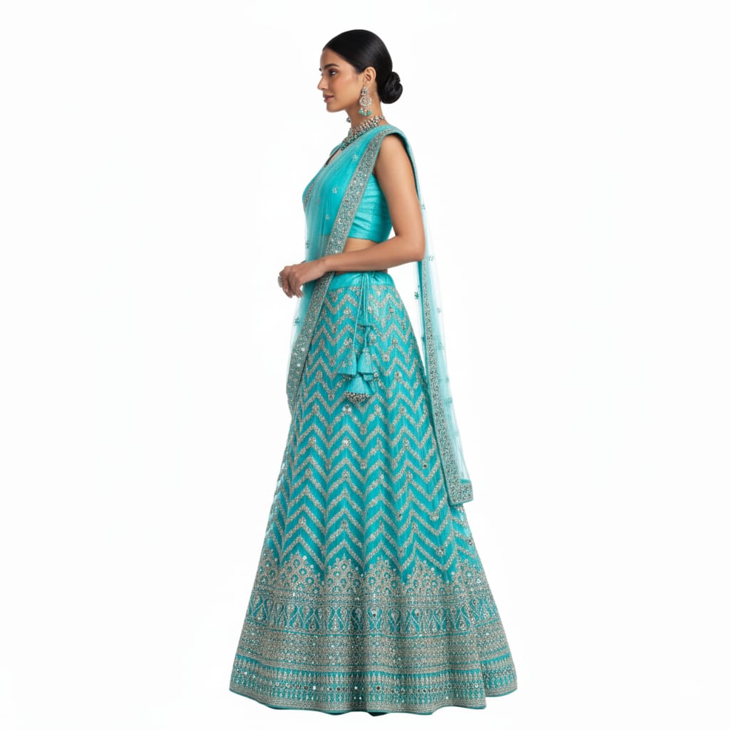 Silakaari Ferozi Zari Dimond Thread Work Net Party Wear Unstitched Lehenga Set