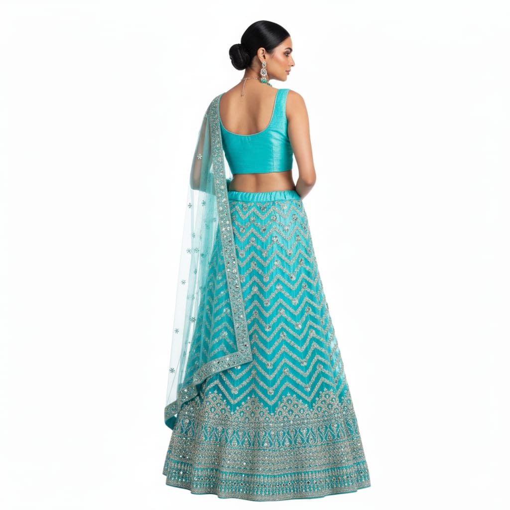 Silakaari Ferozi Zari Dimond Thread Work Net Party Wear Unstitched Lehenga Set