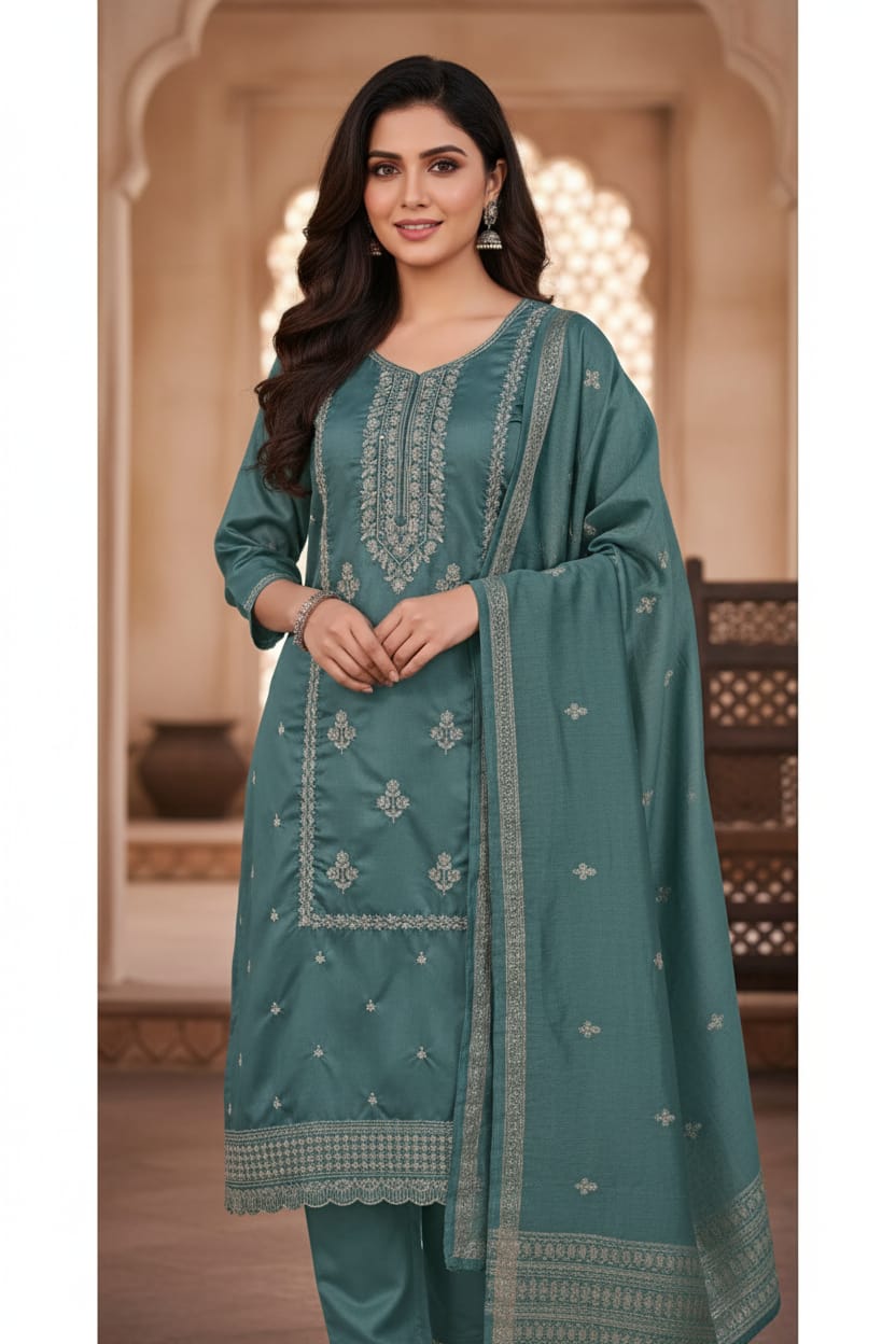 Silakaari Women's Fine Embroidered Dola Silk Kurti Pant Dupatta Set