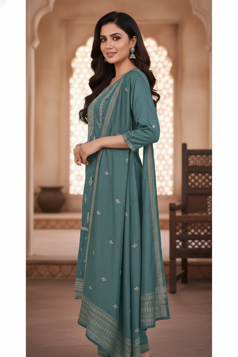 Silakaari Women's Fine Embroidered Dola Silk Kurti Pant Dupatta Set