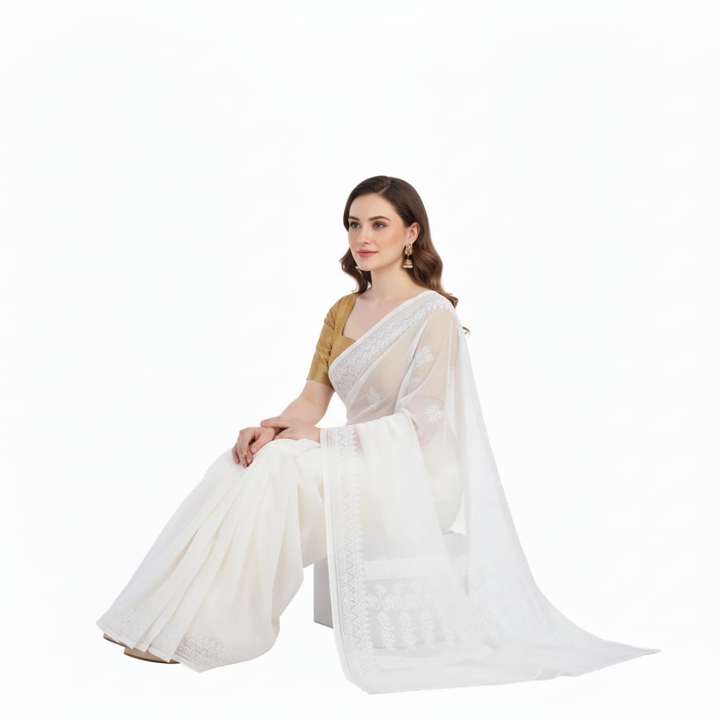 Silakaari Cream-Gold Pure Organza Fine Handwork Lucknowi Premium Saree