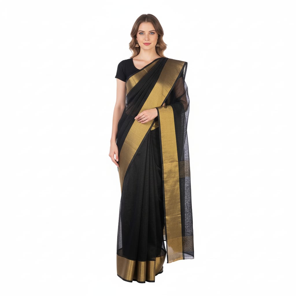 Silakaari Black Beauty Super Delux Pure Chanderi Lucknowi Premium Saree