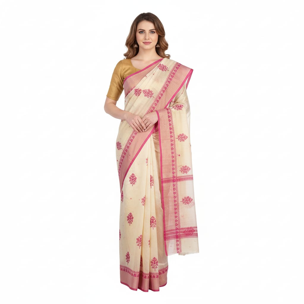 Silakaari Naaz Cream-Magenta Pure Chanderi HandWork Lucknowi Premium Party Wear Saree