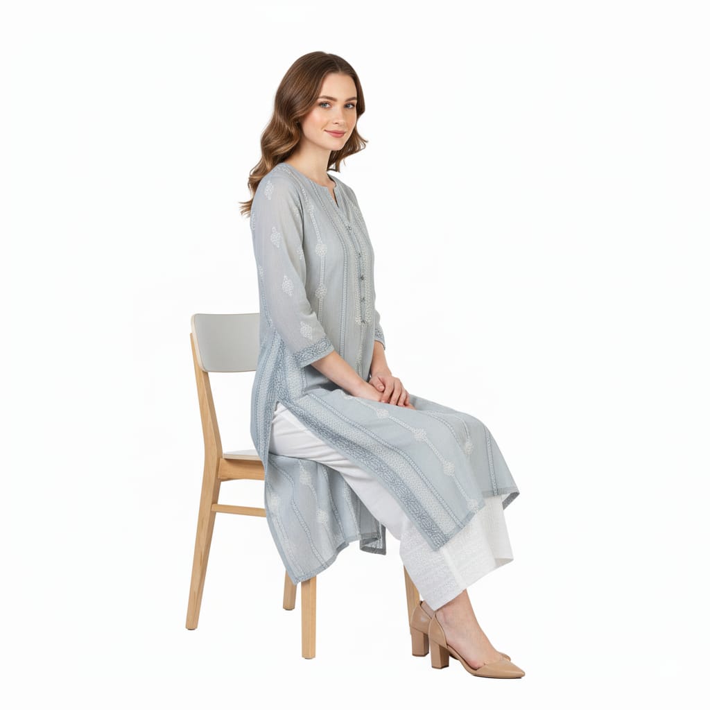 Silakaari Women's Pure Cotton All Over Panel Neck Point Premium Long Kurti Palazzo Set