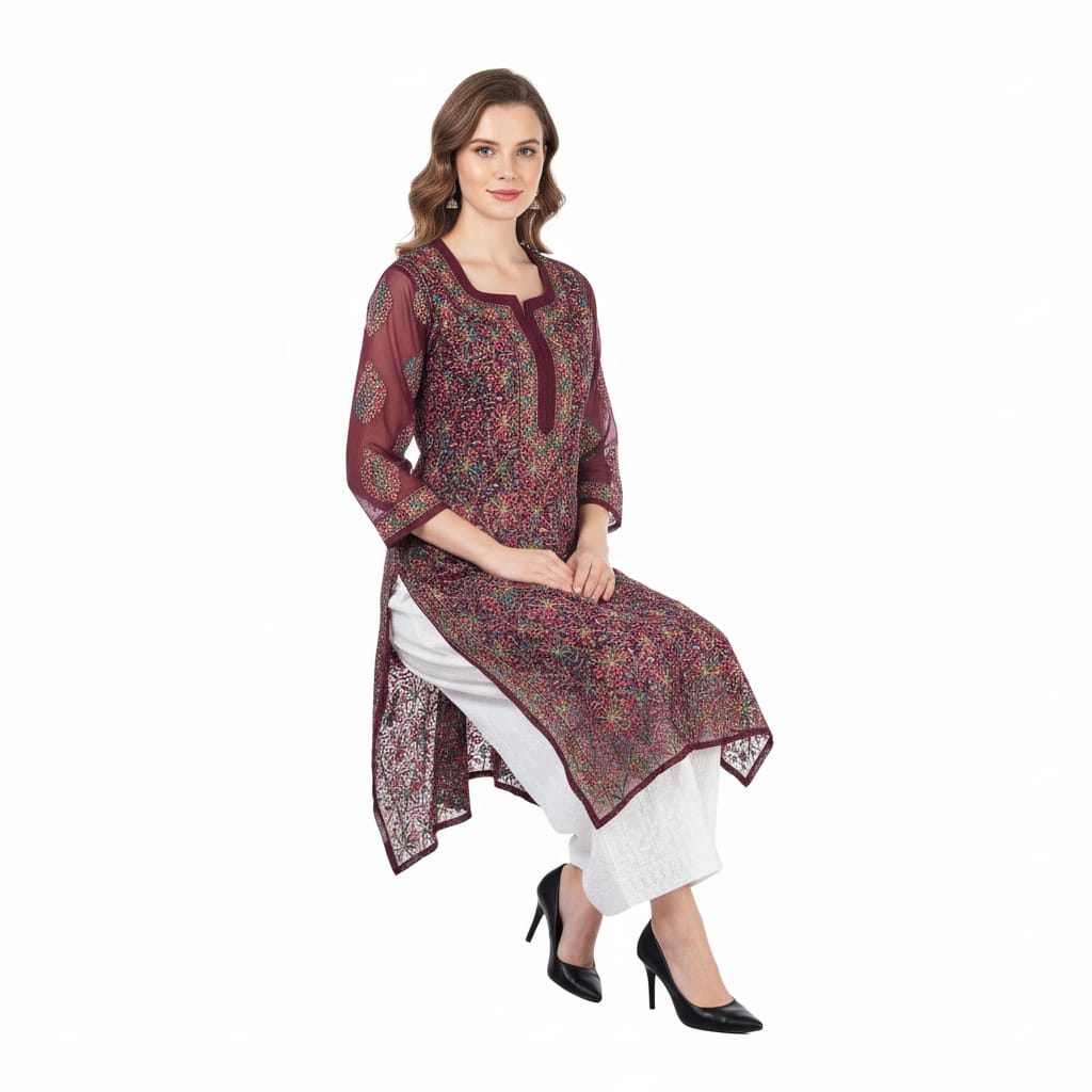 Silakaari Pure Georgette Maroon-Multi Lucknowi Premium Long Kurti Slip With Palazzo Set