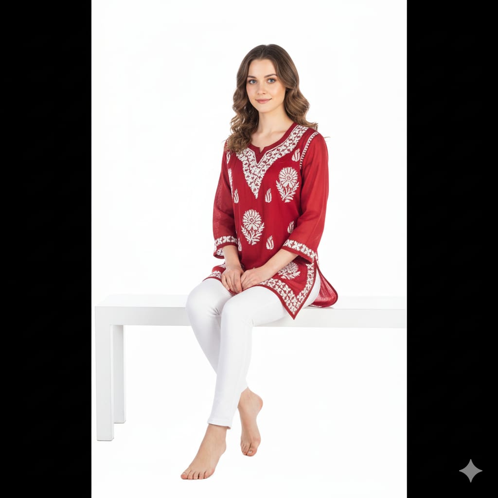 Silakaari Pure Muslin Maroon Heavy Lucknowi Straight Short Kurti With Pant Set