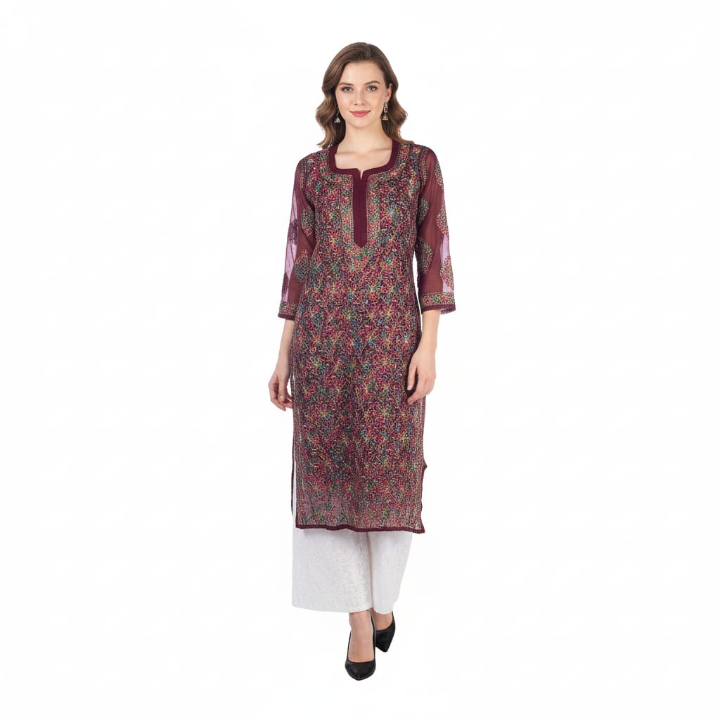 Silakaari Pure Georgette Maroon-Multi Lucknowi Premium Long Kurti Slip With Palazzo Set