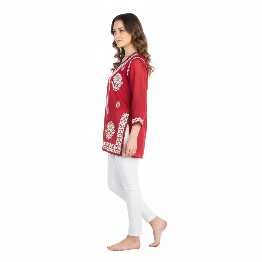 Silakaari Pure Muslin Maroon Heavy Lucknowi Straight Short Kurti With Pant Set
