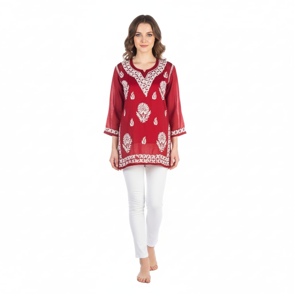 Silakaari Pure Muslin Maroon Heavy Lucknowi Straight Short Kurti With Pant Set
