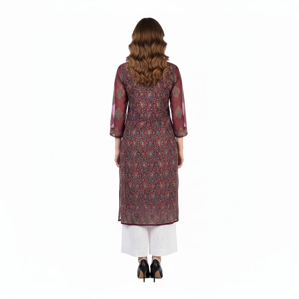 Silakaari Pure Georgette Maroon-Multi Lucknowi Premium Long Kurti Slip With Palazzo Set