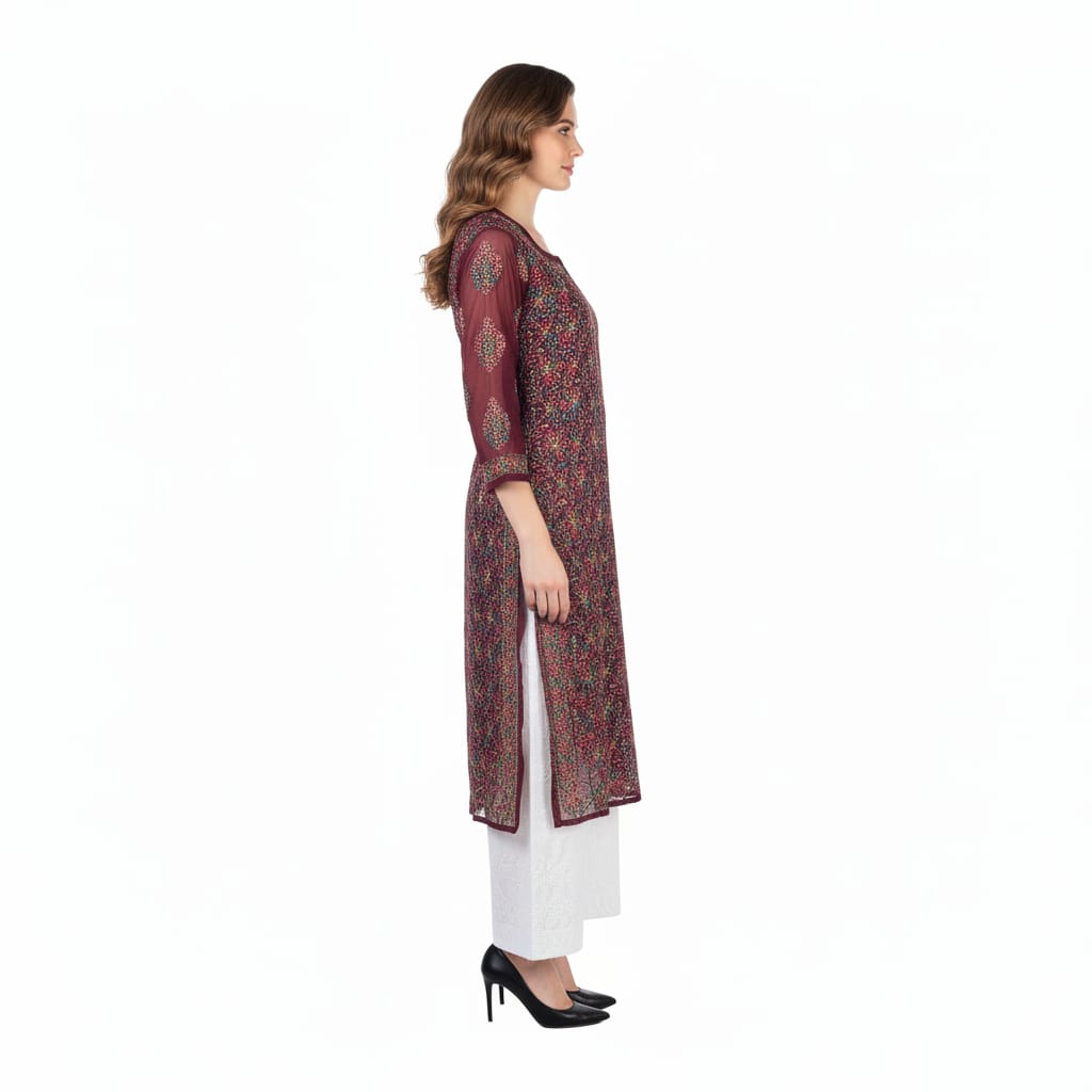 Silakaari Pure Georgette Maroon-Multi Lucknowi Premium Long Kurti Slip With Palazzo Set