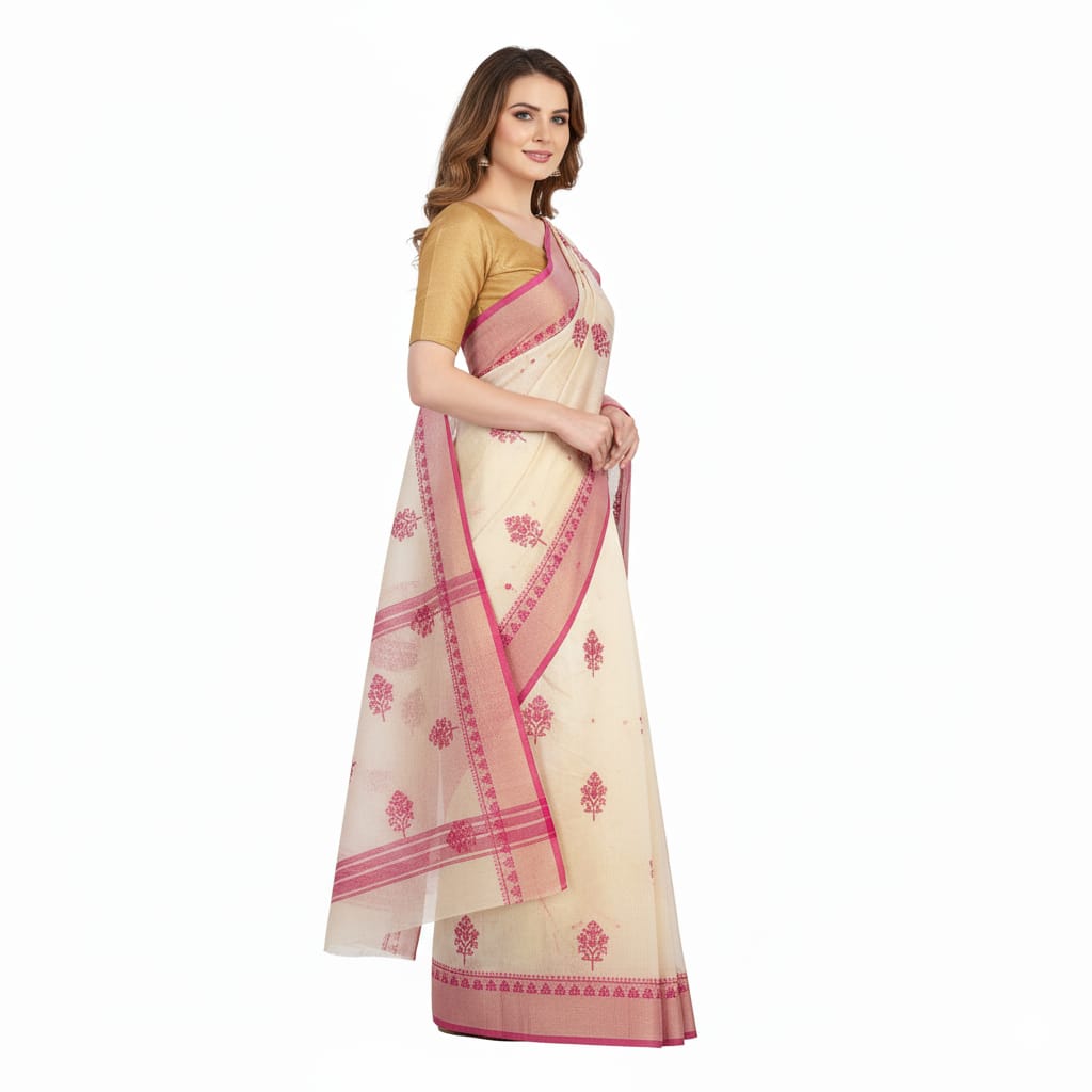 Silakaari Naaz Cream-Magenta Pure Chanderi HandWork Lucknowi Premium Party Wear Saree