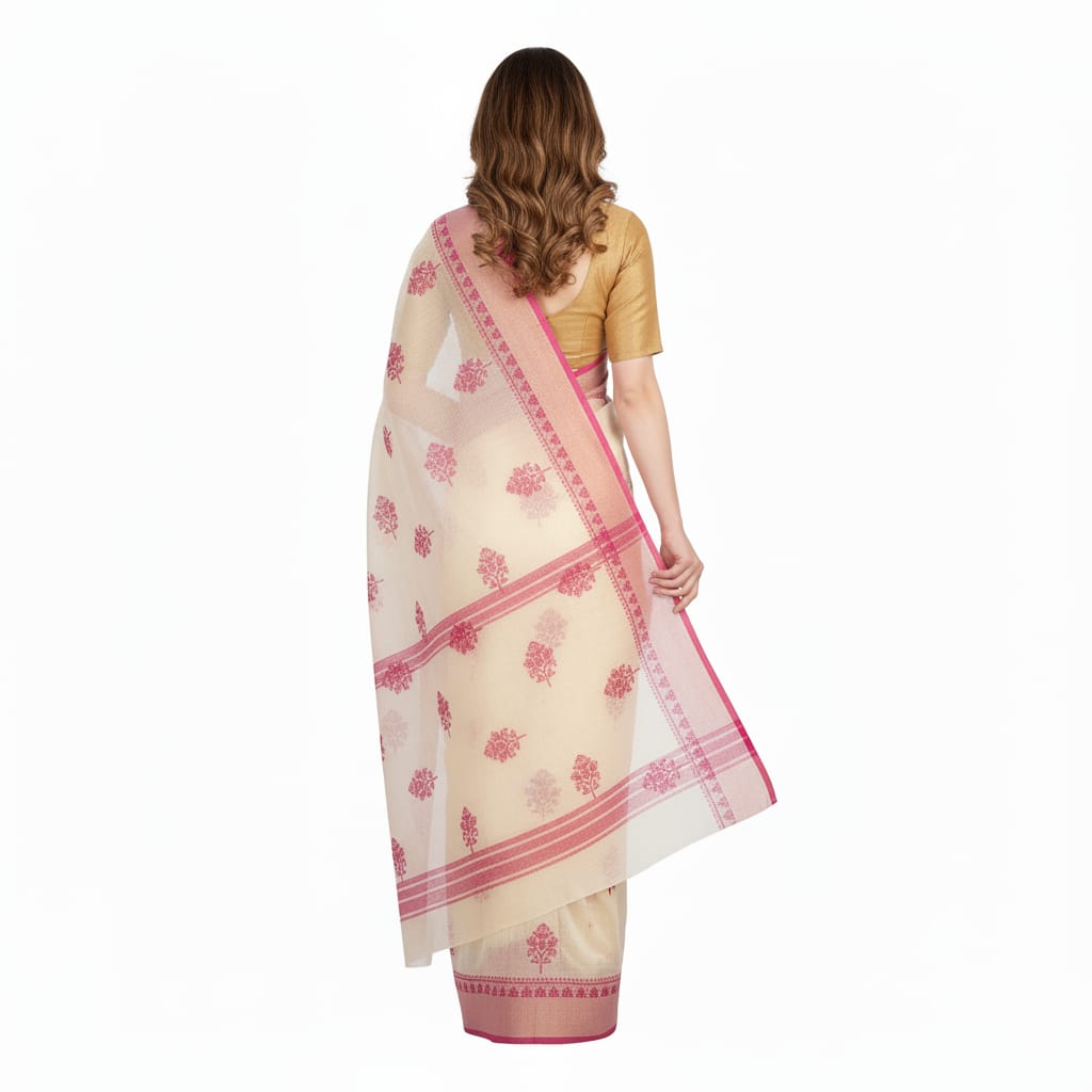 Silakaari Naaz Cream-Magenta Pure Chanderi HandWork Lucknowi Premium Party Wear Saree